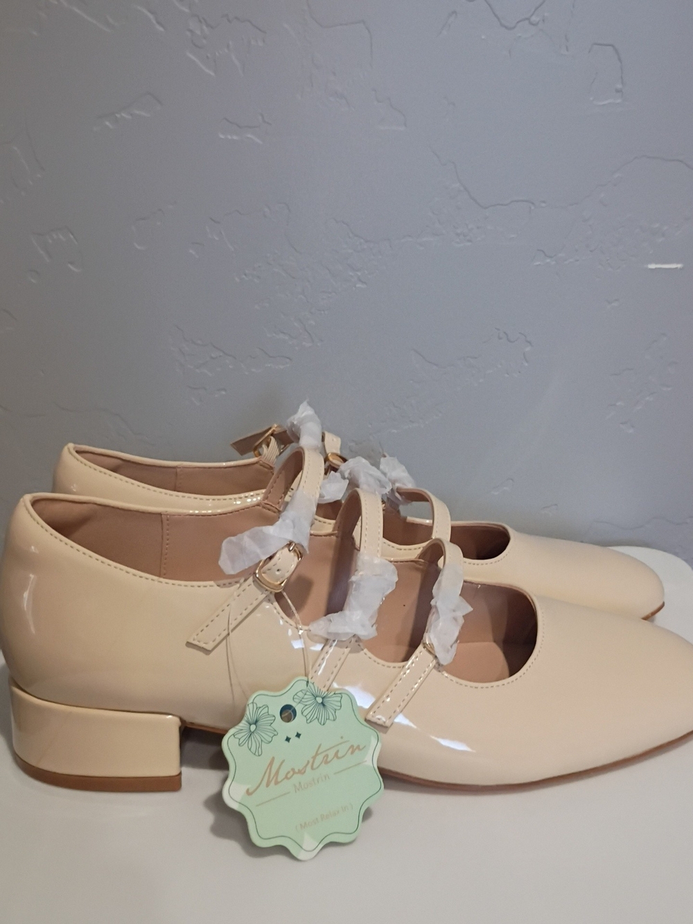 Cream Patent Mary Jane Heels with Double Straps